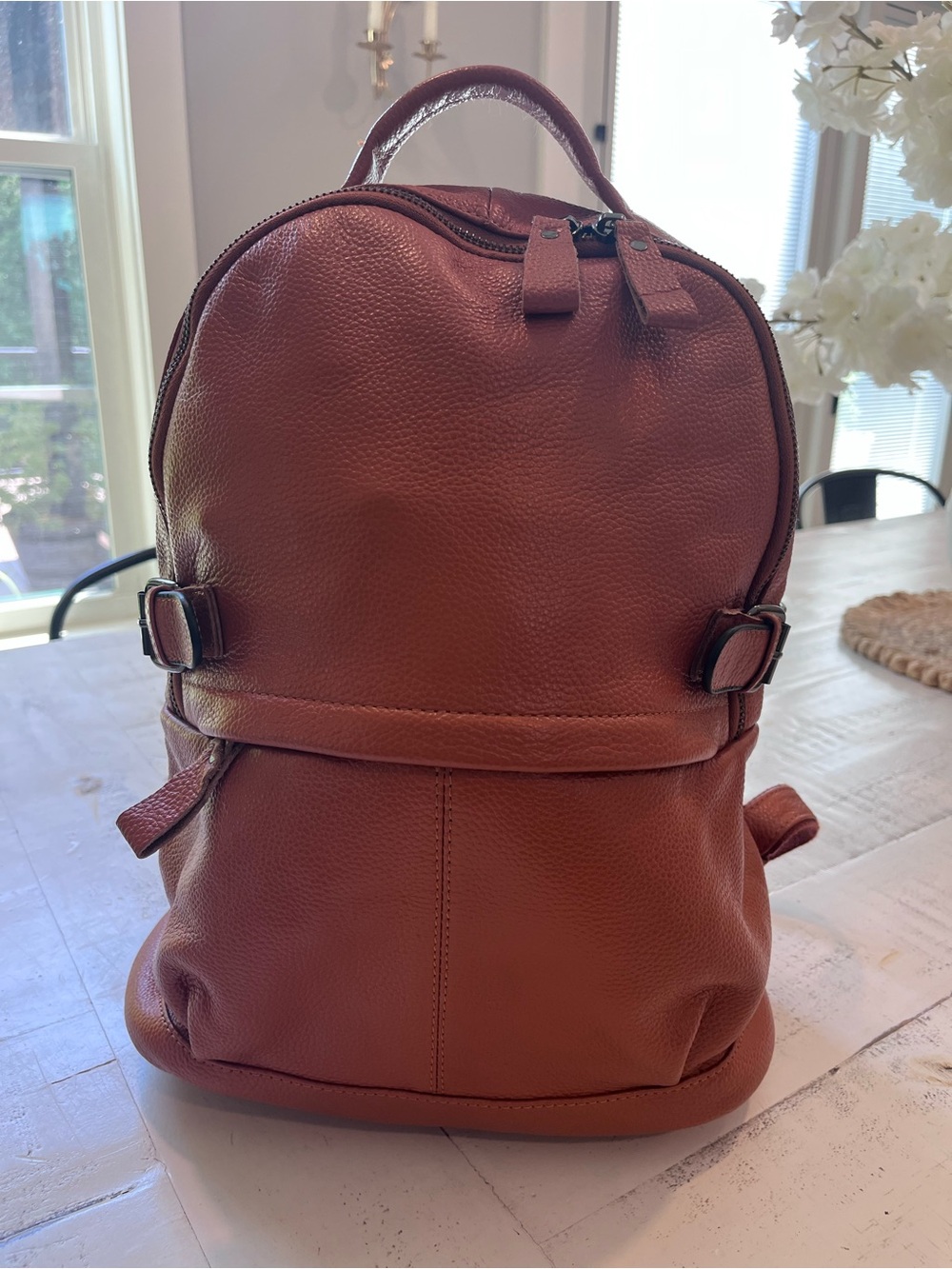 Brown Pebbled Faux Leather Backpack – Spacious Multi-Zip Travel or Everyday Bag
